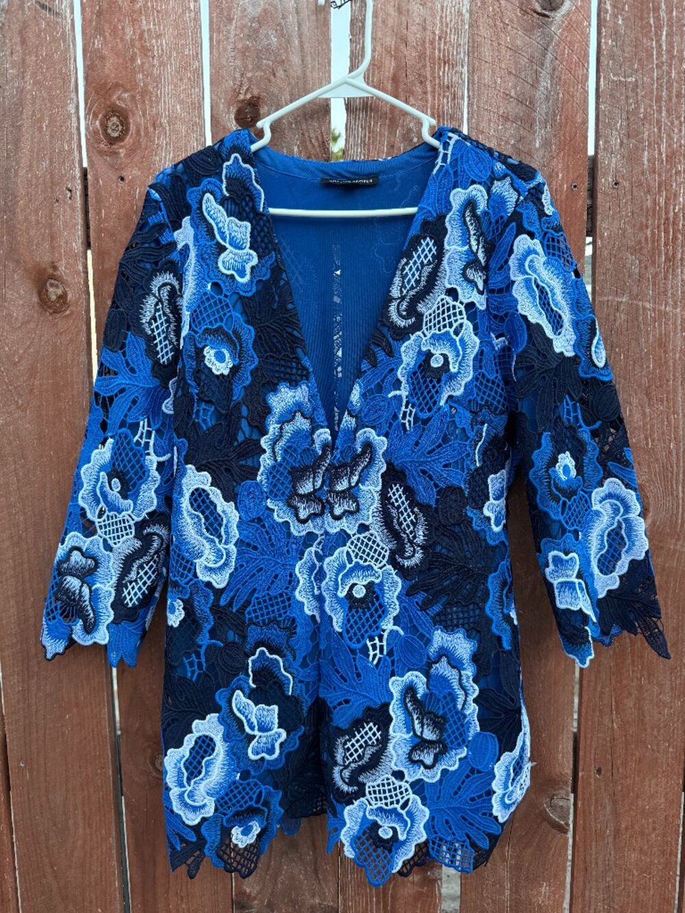 Boston Proper Blue & Black Floral Lace Crochet Cottagecore Blouse Women's M